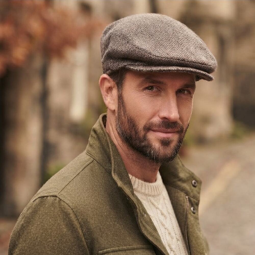 Mucros Weavers Irish Tweed Flat Cap Hat Wool Herringbone Brown Mens Size 7 1/2